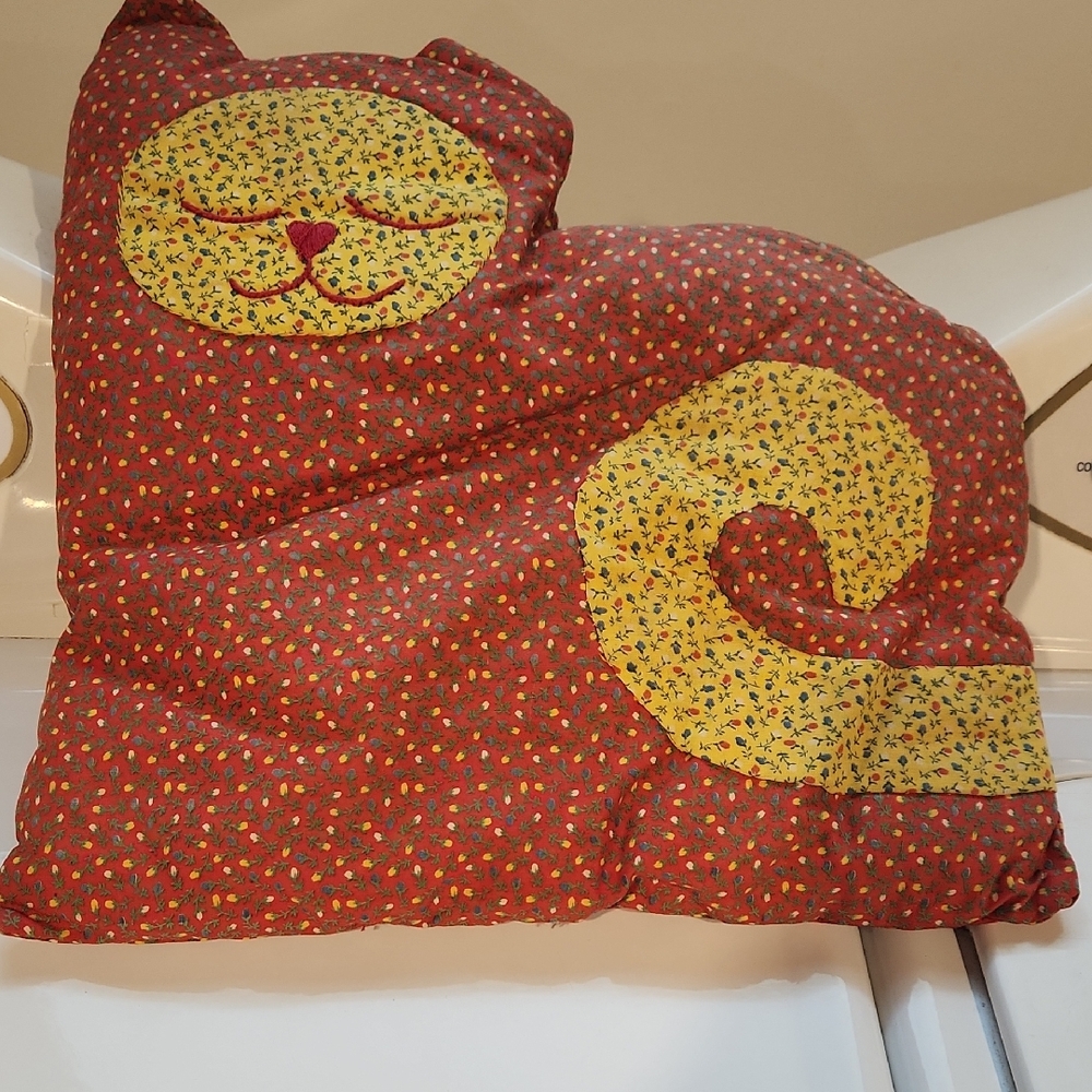 Handmade Red and Yellow Cat Accent Pillow - Floral Patchwork